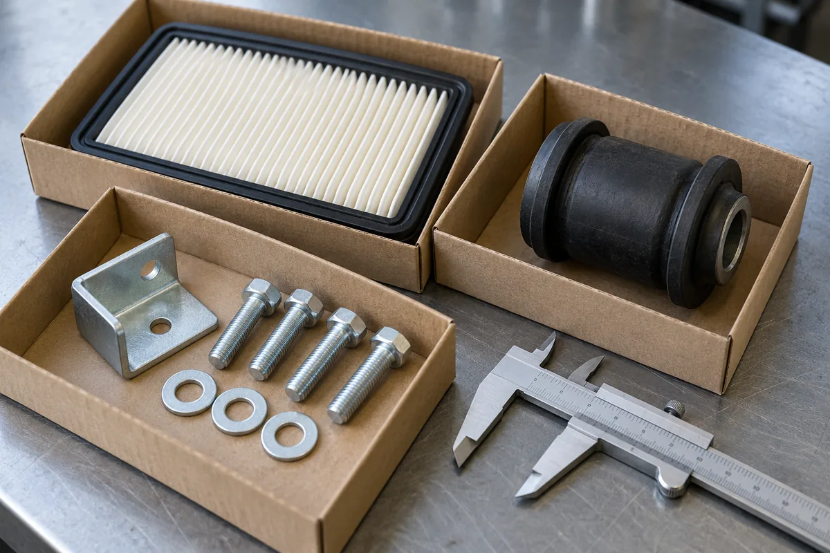 An automotive filter, rubber bushing, metal bracket and fasteners arranged beside an open caliper on a workbench.
